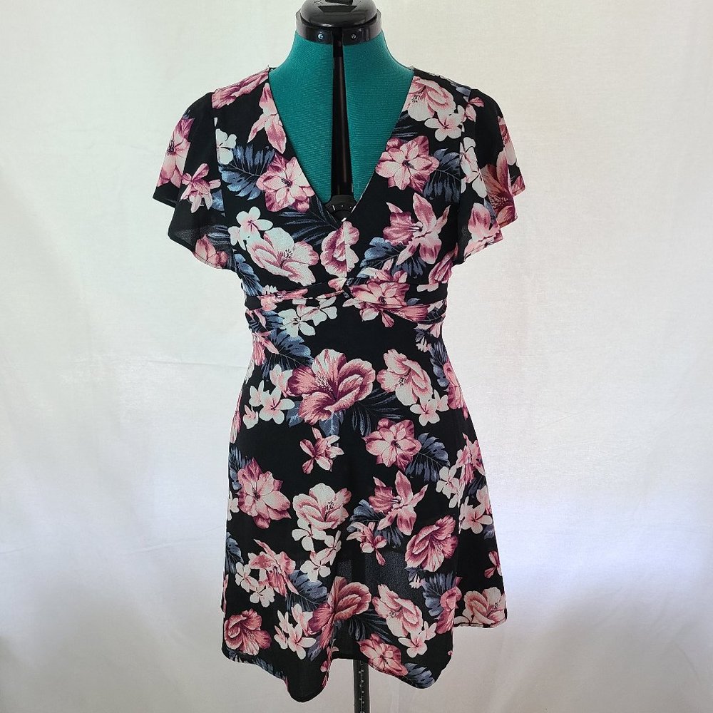 Black Floral Flutter Sleeve Dress